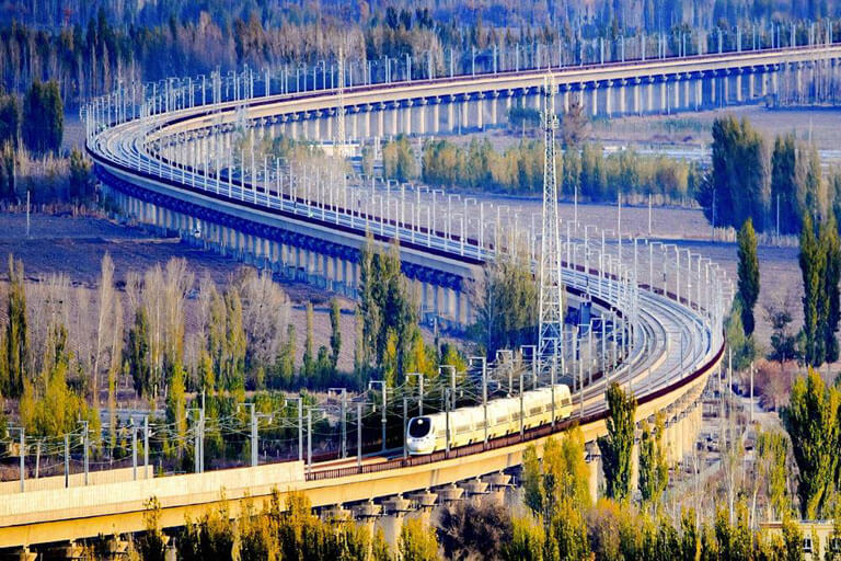 A Bullet Train Running on the High Speed Rail in Xinjiang